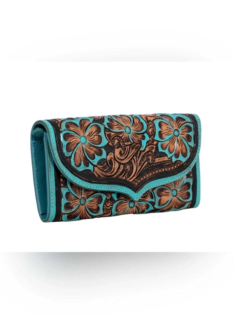 Myra Flower Crest Tooled Leather Wallet Floral Embossed With Turquose Accents